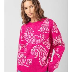 Very J Pink Paisley Intarsia Knit Crewneck Sweater Womens Large Paisley EUC